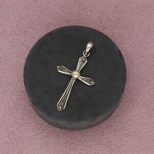 sterling silver vintage marcasite studded pearl cross pendant